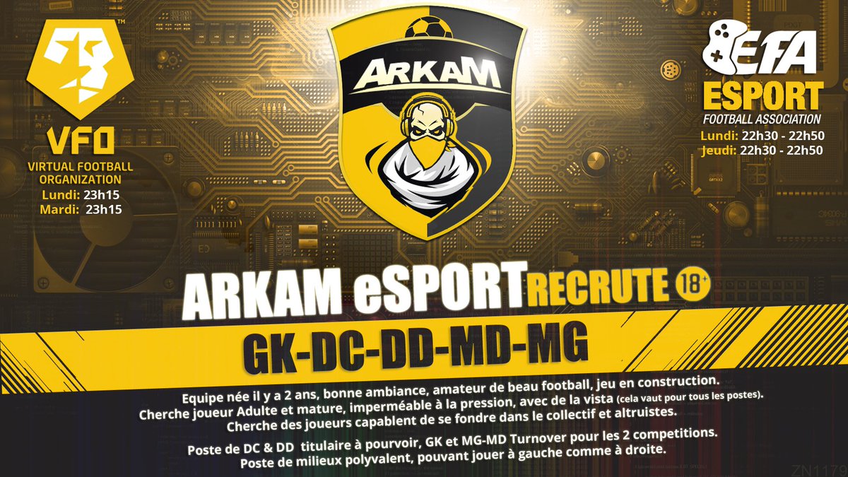 ArkamEsport's tweet image. @ArkamEsport  Recrute Pour Compéte Avril
Looking for April Competition
Buscando jugadores pa Competicion en Abril

🎽GK/MD/MG/DC/DD -  GK/LB/RB/CB/LM/RM - GK/LI/LD/DC/MI/MD
🏟 Expérience :VPG/IFVPA/VPJ
📅 Dispo Semaine 
@eSportFA_FR @OfficialVPG @VGLesports @FVPA_net @VFOspain_ps