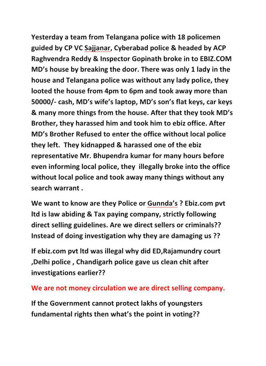 EbizerM's tweet photo. We sincerely want investigation against conduct of Telangana Police by H’rble 

#justice4ebiz https://t.co/nNqaNaa9LM