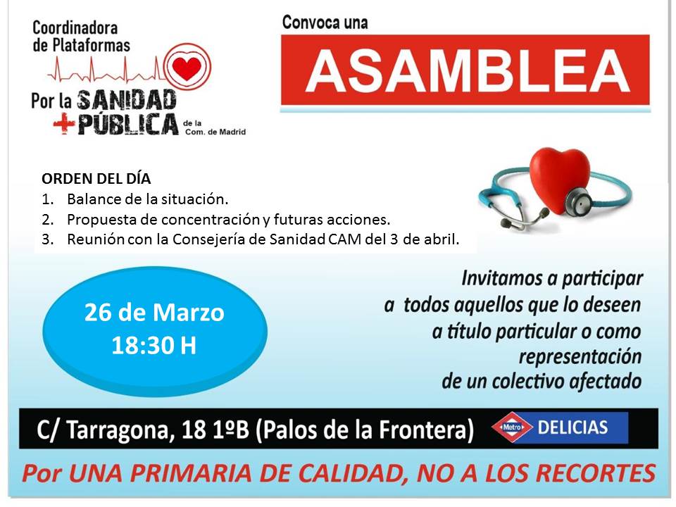 Luis12Octubre's tweet photo. Orden del día propuesto:
1º Balance de la situación.
2º Propuesta de concentración y futuras acciones.
3º Reunión con Consejería de Sanidad de la Comunidad de Madrid el 3 de abril.
Dados los puntos a tratar es muy importante la asistencia de todos os esperamos. https://t.co/WN4O51PItC