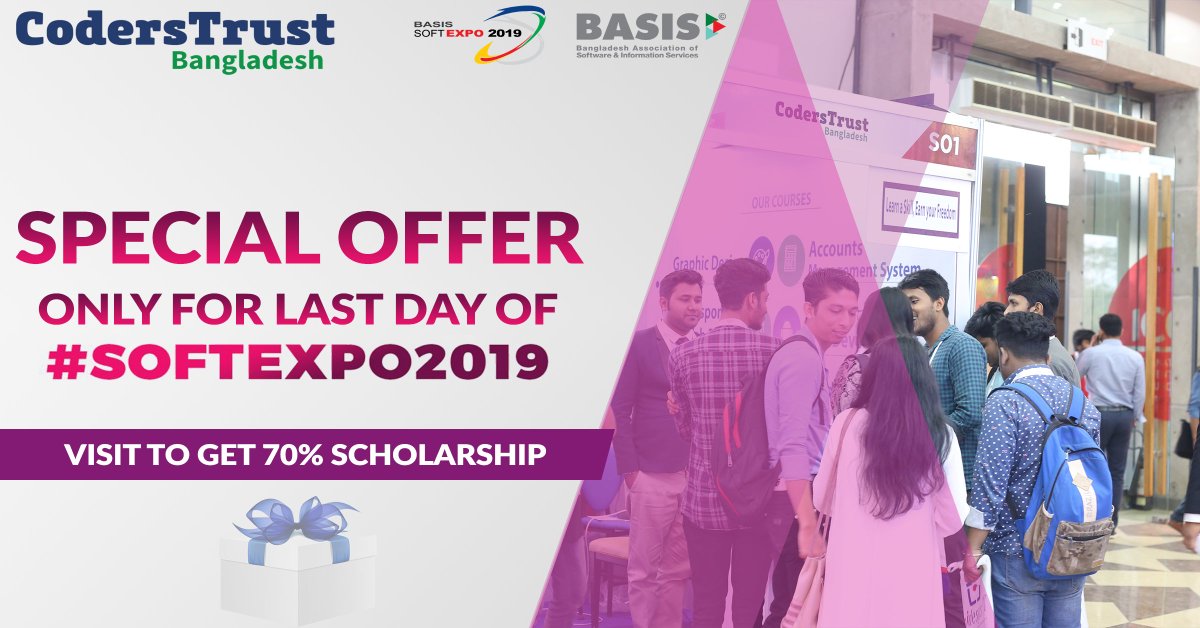 CodersTrust_BD's tweet photo. 🎁🎁 Special Course for 8000tk only for last day of #softexpo2019.🎁🎁
✌️✌️ Visit us TODAY to book these courses:
👉Graphics Design
👉Digital Marketing.
🏠 International Convention Center Boshundhara
🏠 Hall: 3 (রাজ দর্শন )
📍 Stall: s01
#BASISsoftexpo_2019 #coderstrust https://t.co/AXyg8Xf7ab