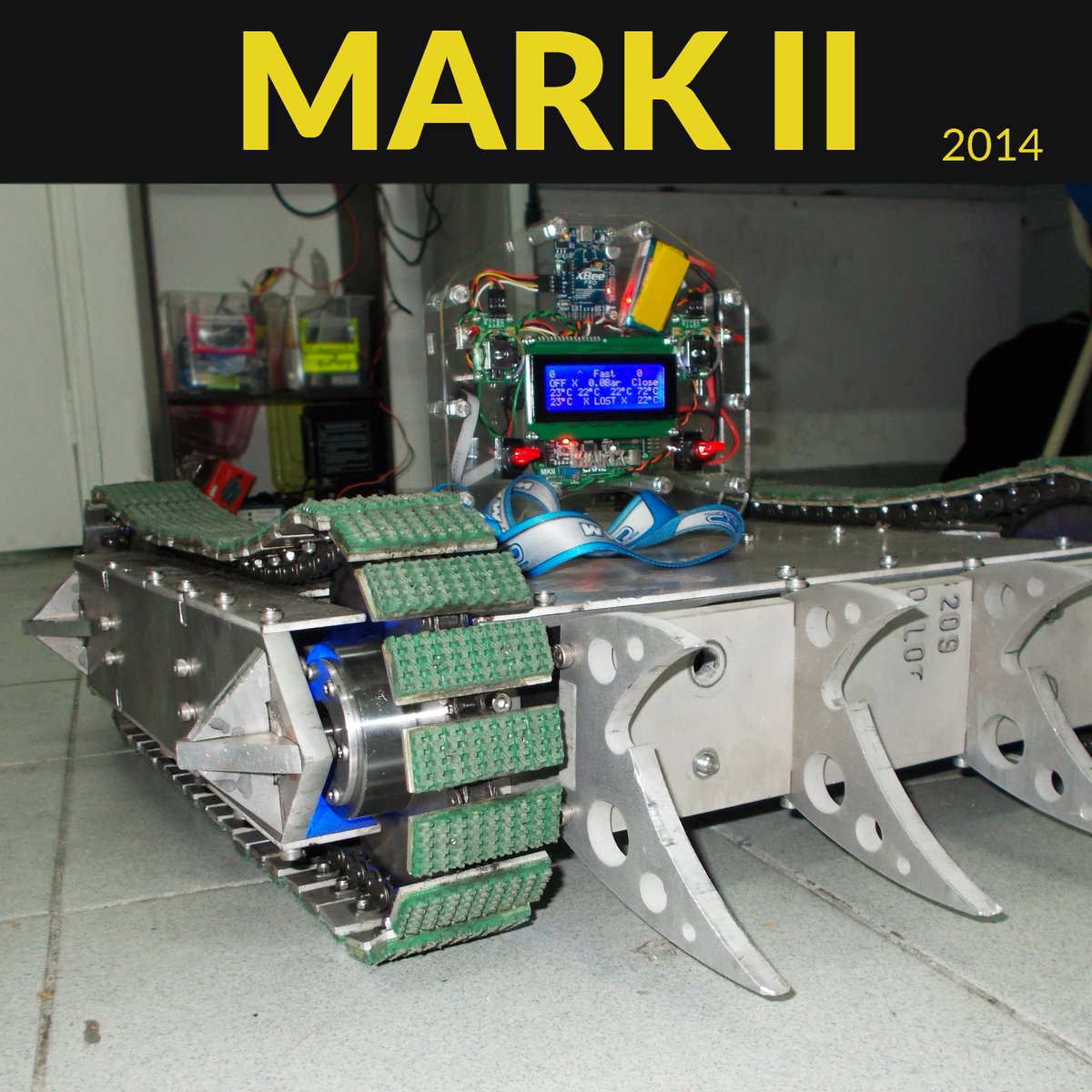 CRAETECH's tweet photo. We used #AlphaV1‘s grandparent with MarkII, the 30kg #combatrobot we built in our second year. Mark II had an internal air #compressor and 2 #cylinders to extend its shield and ram into opponents. Mark II runs on #arduinomega and equipped with many #vexrobotics  parts. https://t.co/Jmrkp4qCXv