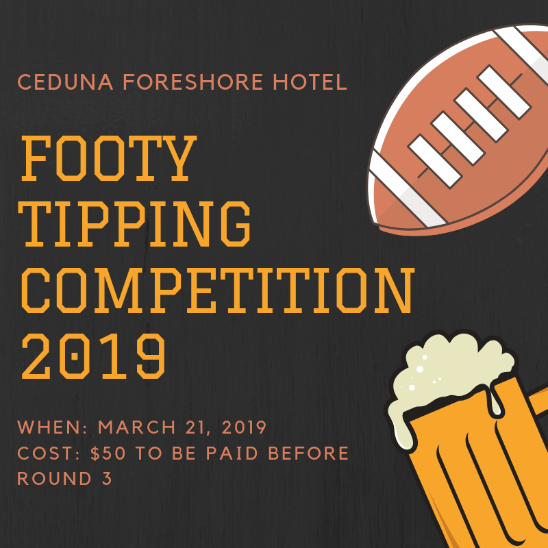 CedunaHotel's tweet photo. Don't forget to sign up and place your footy tips tonight before the first match, Carlton V. Richmond, Thursday March 21 @ 7.05pm. 2019 AFL footy season here we go! 🏈🍻🙌 https://t.co/yHt0xer1YY