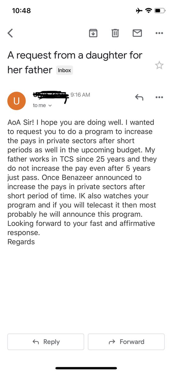KlasraRauf's tweet photo. A daughter pleads on behalf of her father—
If PM @ImranKhanPTI can read following email to me by a worried daughter of TCS (courier company) employee—whose father didnt get salary raise in 25yrs. She believes prime minister watches our show @Muqabil92 &amp; he will act if we raise it https://t.co/PGG9FYNWd9