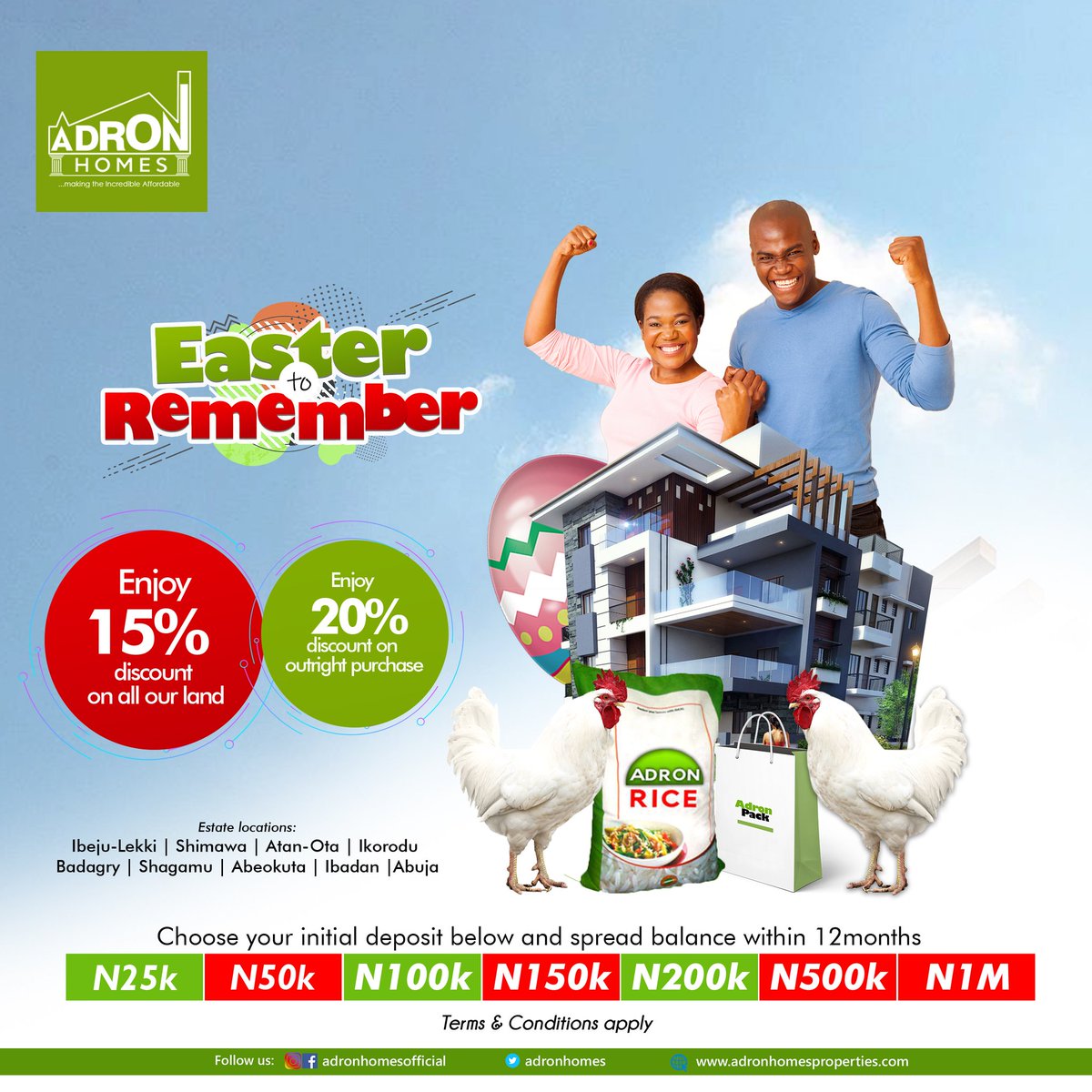 AdronHomes's tweet photo. This is going to be an Easter2Remember!!! Key into this promo with any initial deposit & spread the balance over 12months & get amazing gifts/freebies to share with family & friends.T&C's Apply. #easter #easter2remember #tbt #ThursdayThoughts #promotions #Adron7yearsjourney https://t.co/wgN9vcVUyn