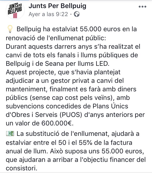 cupbellpuig's tweet photo. ⚠️#AlertaEleccions
Sembla que @juntsxbellpuig  ha vist la💡llum💡
✅Falta un 20% de tots els fanals + el 100% de Seana
✅Tots els diners de la factura elèctrica els pagarem a @endesa que és molt de fer #República
✅ Cap compromís en reinvertir l’estalvi en transició energètica https://t.co/T0au2oRGi3