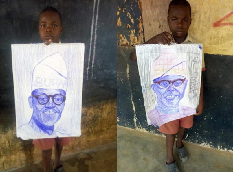 KindexNews's tweet photo. Primary school pupil hailed for sketching President Buhari, Sanwo-Olu with a pen

A Primary six pupil is being celebrated on social media after a Facebook user shared photos of the young boy's portrait of President Muhammadu Buhari and Lagos Governor-elect, Babajide Sanwo-Olu. https://t.co/4HRmfSWUtj