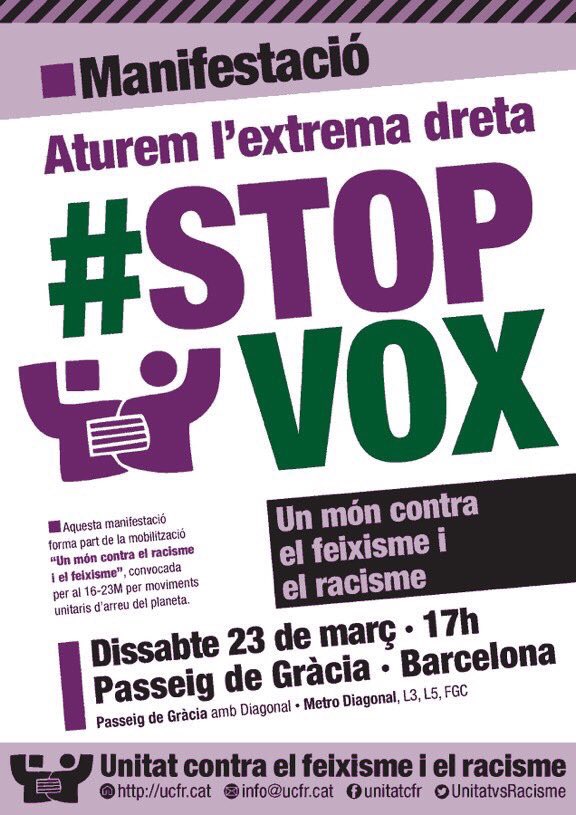LHEnComuPodem's tweet photo. Fem front Comú contra el feixisme! Aquest dissabte anem al Passeig de Gràcia per a aturar la ultradreta. 💪🏼

📅 Dissabte 23 de març
🕔 17:00
📍 Vine i participa! 🙋🏻‍♀️🙋🏻‍♂️ #StopVOX https://t.co/4pPnX5Zjcz