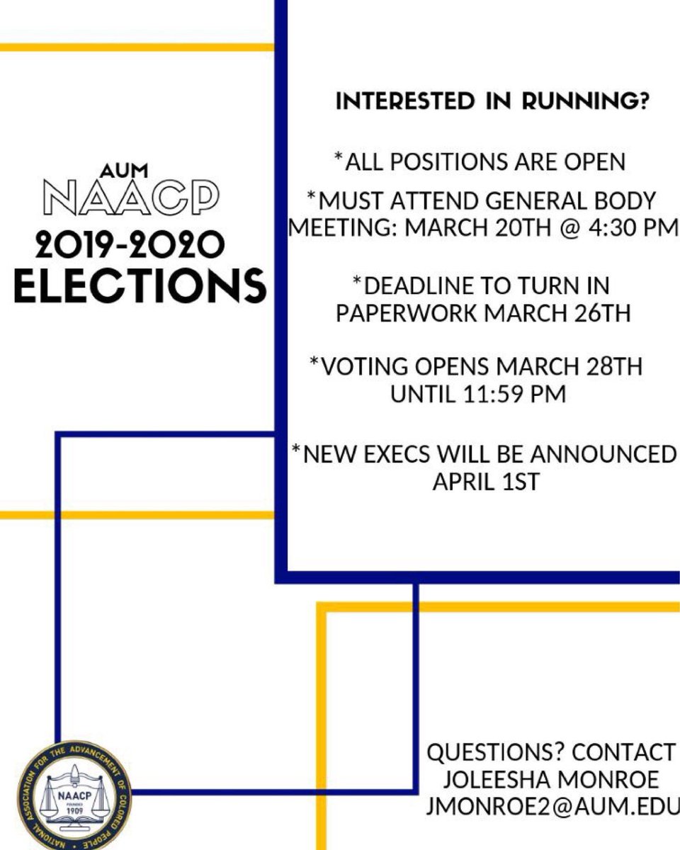 Interested in joining the executive board of our NAACP? Well now's your chance! ALL positions are open and voting begins on March 28th! The 2019-2020 executive board will be announced on April 1st!