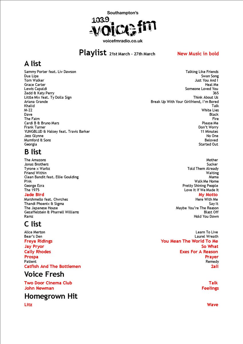 voicefmradio's tweet photo. https://t.co/dAn1DOxM3Z

🆕 playlist time!

📀 @JadeBirdMusic 
🎶 @FreyaRidings 
📀 @jaypryormusic 
🎶 @CallyRhodes 
📀 @Prospauk 
🎶 @thebottlemen 
📀 @TDCinemaClub 
🎶 @JohnNewmanMusic 
📀 #litz https://t.co/W2sQNVFIbm