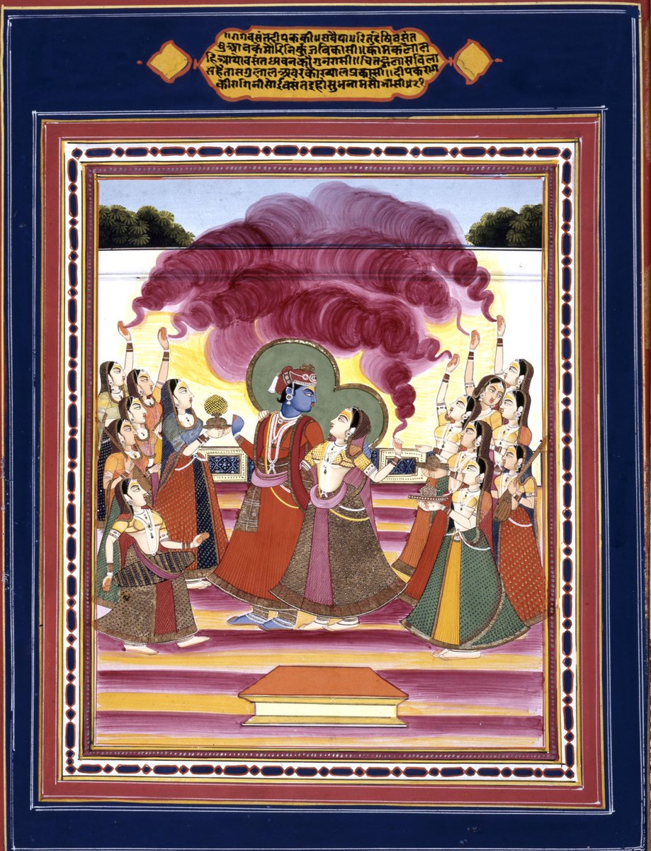 InPaintings's tweet photo. Once again wishing all of you a very Happy &amp; Colourful #Holi.

Painting depicting "Krishna and Radha surrounded by women who are playing musical instruments and throwing coloured powder at them.

Rajasthan School, early 19th century. #HappyHoli 
#IndiaInPaintings https://t.co/WaDdEquFwj