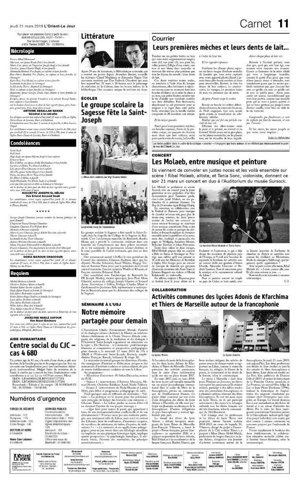 LyceeAdonis1's tweet photo. L’Orient Le Jour, le 21 Mars 2019: 

Activités communes des Lycées Adonis Kfarchima et Thiers de Marseille autour de la francophonie. 

#LycéeAdonis #lorientlejour #francophonie #france #Marseille #Activitésscolaires https://t.co/xk9oYU1JDU