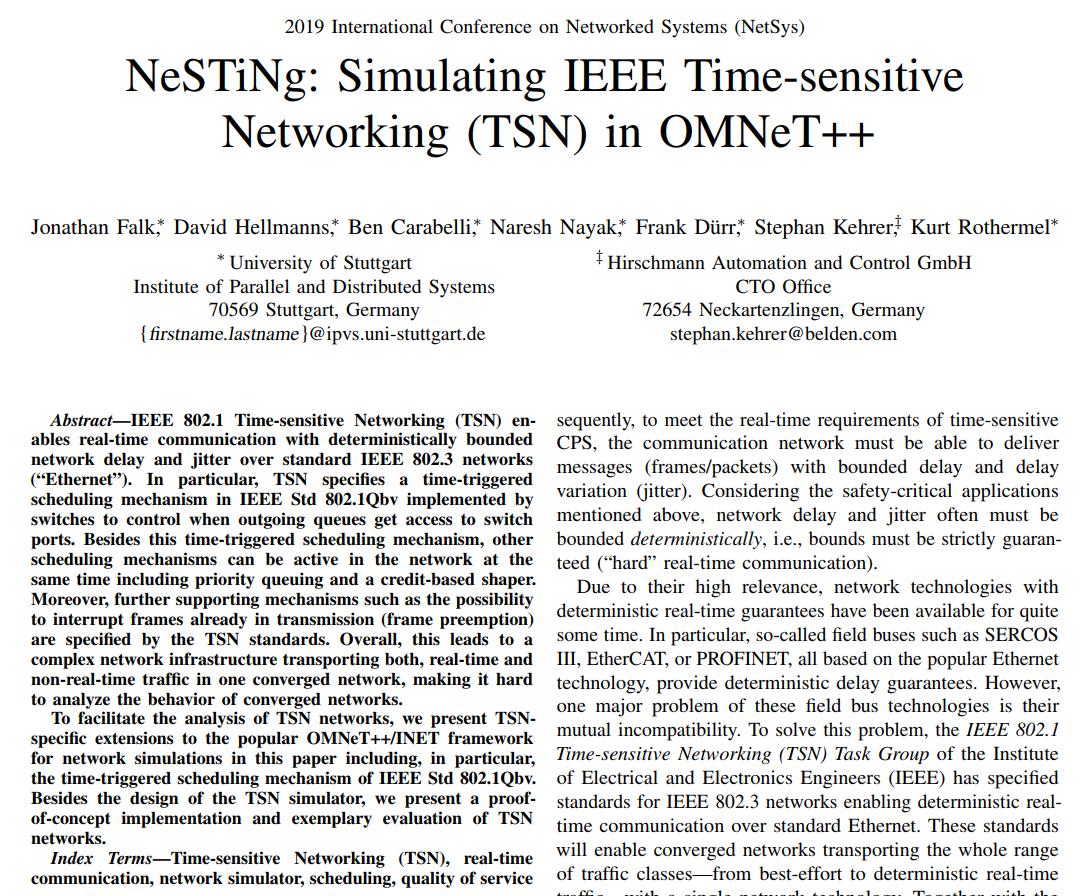 FrankDuerr's tweet photo. Today, David Hellmanns will present our work on an open-source network simulator for Time-sensitive Networking (#TSN) at #NetSys2019.

Paper preprint: 

https://t.co/ghFzwdytM5

Simulator code:

https://t.co/1YGJTgojdt

Live stream:

https://t.co/NHYuqiTfFj https://t.co/8YQOy08nfF