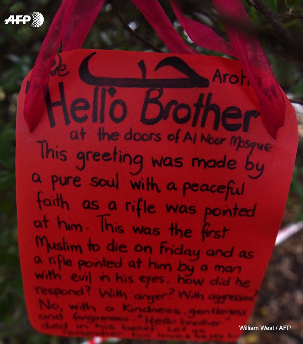 AFP's tweet image. "Hello brother." 

AFP's @JeromeTaylor reports on how the warm-hearted words an elderly Muslim reportedly used to greet a white supremacist gunman have become Christchurch's answer to his volley of hate

u.afp.com/JT2e