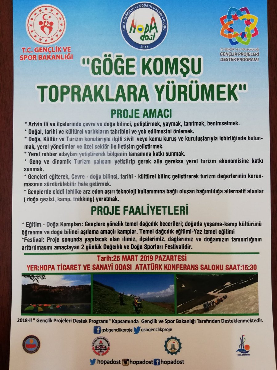 Ve başlıyoruz...
Göğe Komşu Topraklara Yürümeye...
Tüm halkımız davetlidir.
"doğa bizi çağırıyor"
<a href="/GSBgenclik/">Gençlik Hizmetleri</a>proje
<a href="/gencliksporbak/">Gençlik ve Spor Bakanlığı 🇹🇷</a>
@GSBgenclik