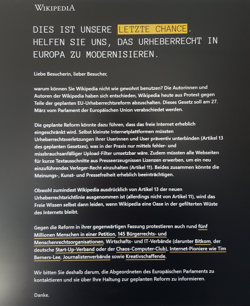 Mr_Degree's tweet photo. Nice move, #wikipedia. #artikel13 https://t.co/vHuMdTMKRB