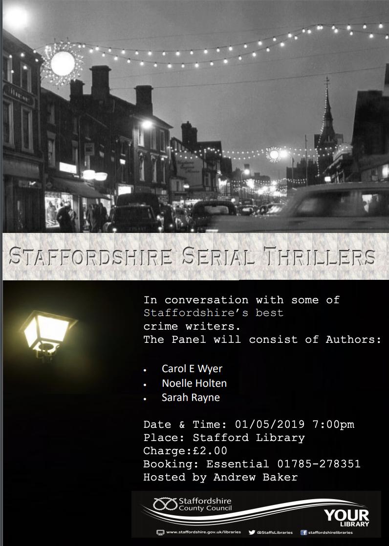 I'm hugely excited to be taking part in this author event with @nholten40 and #SarahRayne in Stafford! #StaffordshireSerialThrillers 
Hope you can come along.