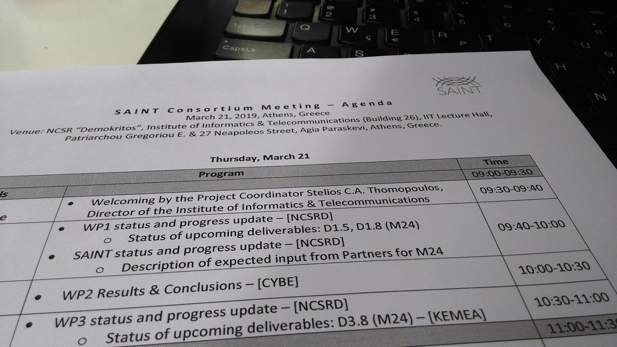 #saintprojecteu consortium meeting. NCSRD welcomes today all partners in Athens! <a href="/iit_demokritos/">IIT, NCSR Demokritos</a> #cybersecurity #metrics #cyberthreats #bots