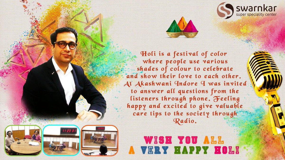 SuperSwarnakar's tweet photo. Swarnkar Super Speciality Centre wishing you all a very Happy Holi.

84, Shrinagar Main, Regency Avenue,
Near Anand Bazar, Old Palasia,
Indore(452018).

#DrBhavesh #DrSwarnkar #DrBhaveshSwarnkar
#Dermatologist #Cosmetologist #Laser
#Skin #Hair #HappyHoli #HoliHai #RangDeKesri https://t.co/SNnesfCDBP