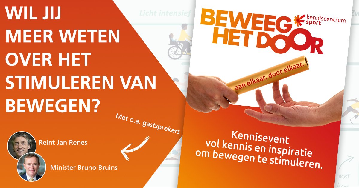 Kom naar ons gratis kennisevent “Beweeg het door!” op 13 mei! 

Tijdens verschillende workshops zullen onderwerpen zoals de #beweegrichtlijnen, motorische ontwikkeling en de samenwerking tussen zorg en sport besproken worden. Voor meer info en aanmelden: kenniscentrumsport.nl/evenement/bewe…