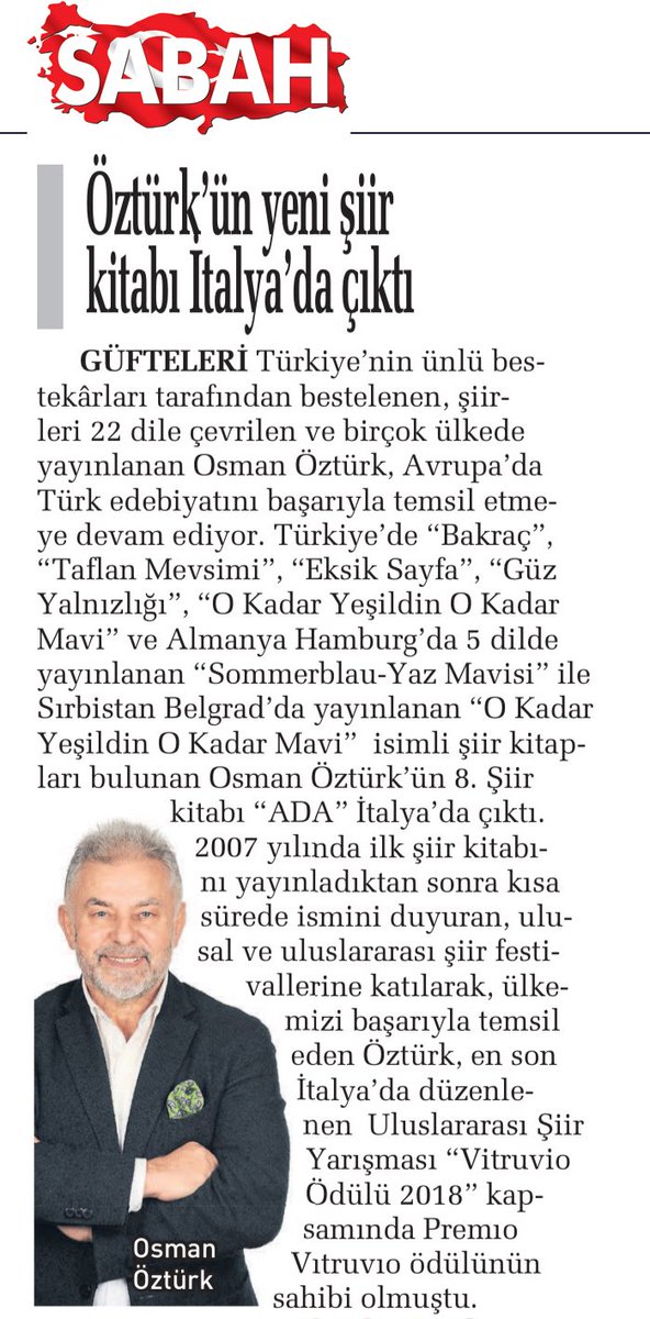 Öztürk'ün yeni şiir kitabı İtalya'da çıktı. @Sabah @OsmanOzturk28 #SabahGazetesi #OsmanÖztürk #DünyaŞiirGünü #şiir #ada