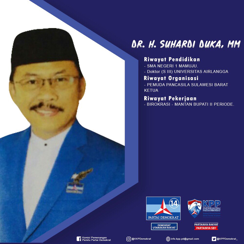 KPPDemokrat_'s tweet photo. Kenalan yuk sama Caleg Fraksi Partai Demokrat 👇🏼
1. DR. H. Suhardi Duka, MM
(Calon Ang.Legislatif 2019-2024 Dapil Sulbar)
Beliau pernah menjabat sbg Bupati Mamuju&amp;saat ini menjabat sbg Ketua DPD PD Sulbar
#sulawesibarat #KPPPD #partaidemokrat #demokratsiap2019 #mengenalcalegfpd https://t.co/tzxMddaVYw