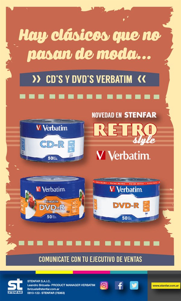 ➡️ Atención!!! Tenemos un Nuevo Ingreso!!! Varios clientes lo pidieron.... nosotros lo conseguimos😃¡La vuelta de los clásicos! 🤩📀 CD's y DVD's #Verbatim en Stenfar SAIC 📀+ info 0810-122-78363 stenfar.com.ar #cd #dvd #opticos #novedad #volvieron #nuevoingreso #stenfar