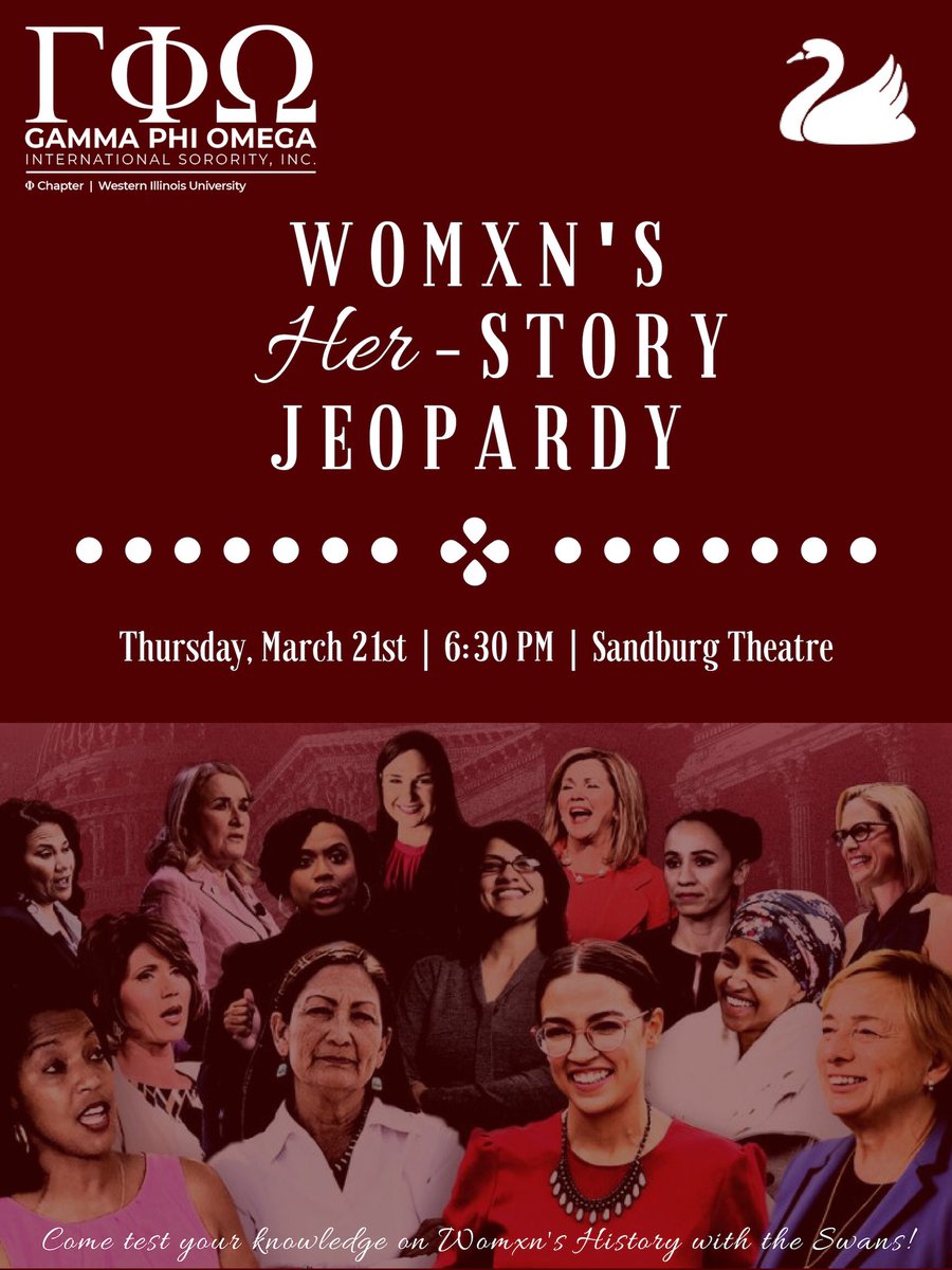 wiu_gphio's tweet photo. As we continue on with Swan Week, come out and test your knowledge on Womxn’s Her-Story at our Jeopardy tonight! 🧐 Be there at 6:30, you won’t want to miss it! ✨🦢#PhenomenalPhi #SwanWeek #WomensHistoryMonth #Jeopardy https://t.co/sJKI1BoxpA