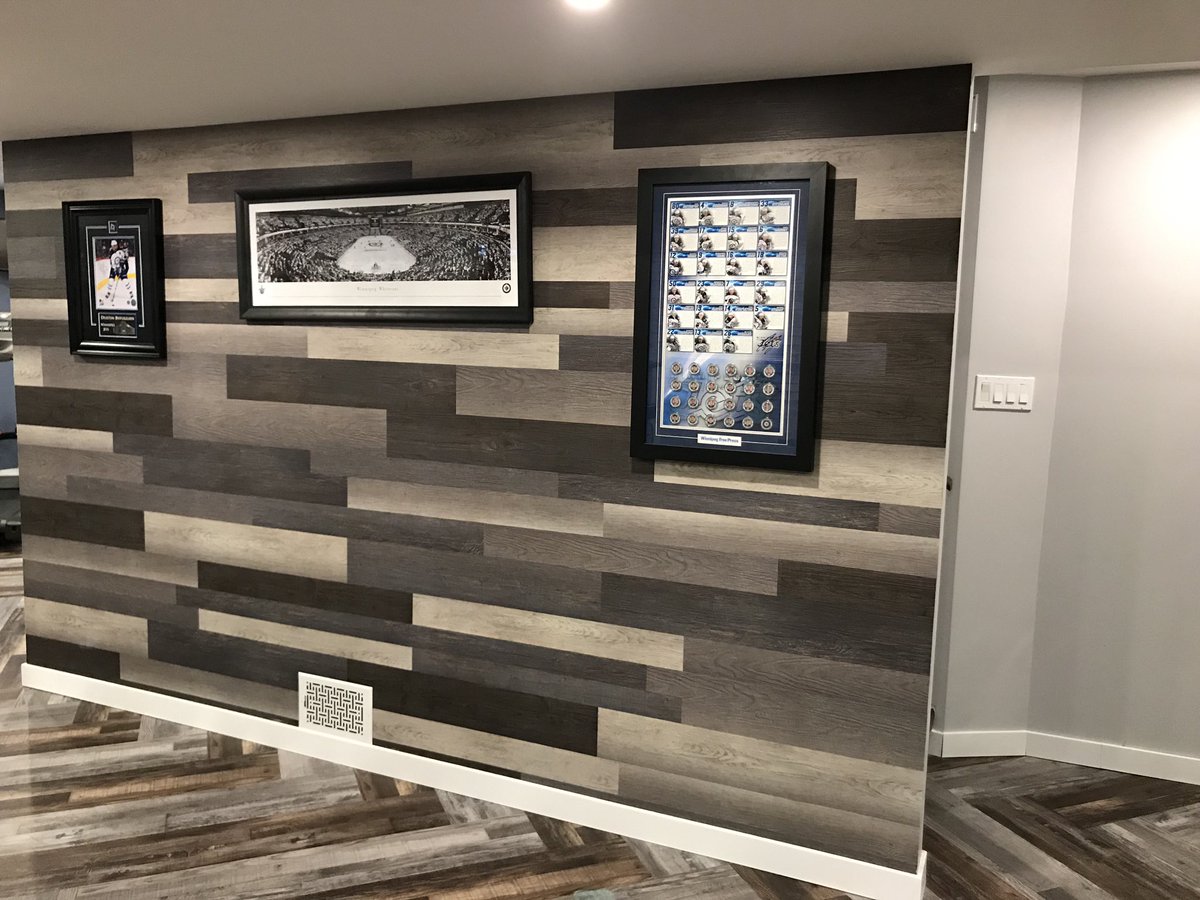 ImperialWpg's tweet photo. Here’s a neat idea. We used Expona Commercial Wood to create a feature wall in this happy customer’s new rec room. #expona #vinyl #flooring #featurewall @PrimcoLtd https://t.co/Z1SGZjd8Nq