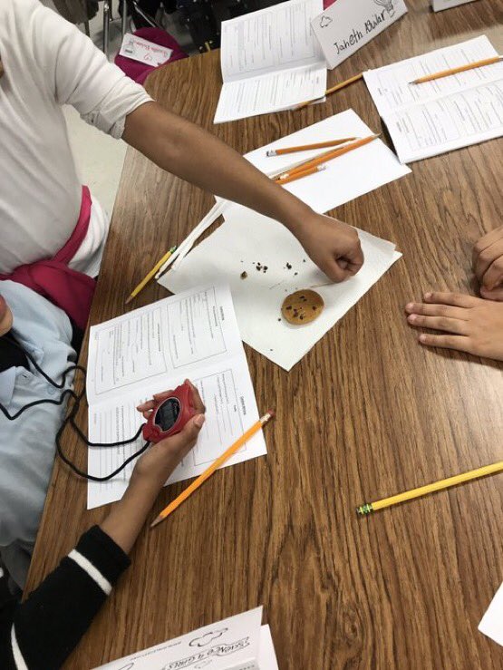 ChambersScience's tweet photo. Chambers Girlstart use a chocolate chip cookie to model the process of coal mining and perform calculations to determine whether or not the worth of the mined coal deposits outweigh the cost to the environment. @girlstart @ChambersCharger @AliefScience @AliefISD #aliefimission https://t.co/y3APNchxEp
