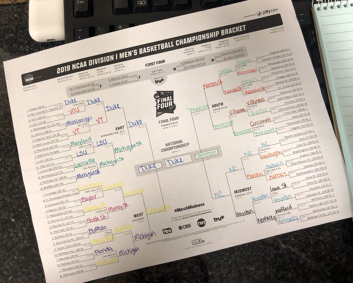 sfrickman89's tweet photo. And let the games begin... 🏀💙 #MarchMadnessbracket #ValleyHealthEast #workflow #bball #duke https://t.co/DSJmfce75h