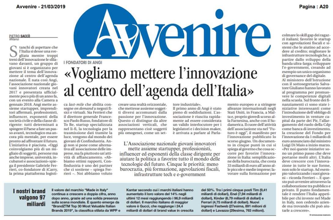 Angi_tech's tweet image. 📌 Sfogliando il giornale 📝 e trovare @Angi_tech - Associazione Nazionale Giovani Innovatori sul quotidiano nazionale cartaceo di @Avvenire_Nei 🚀🚀
"Mettere l'innovazione al centro dell'agenda dell'Italia".Per prendere visione dell'articolo digitale 👇:
avvenire.it/economia/pagin…