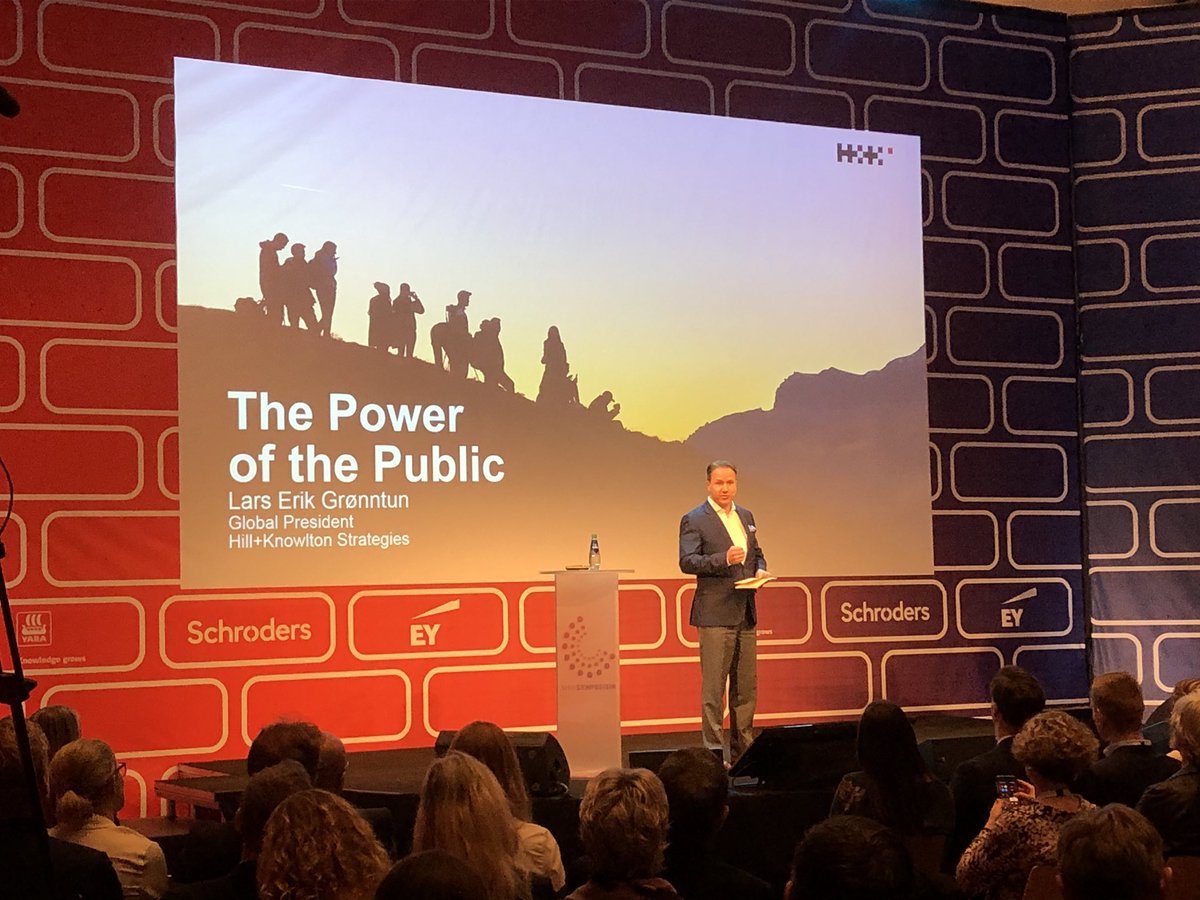 NHHsymposium's tweet photo. Currently on stage, Global President of @HKStrategies @LEGronntun talks about the power of the public #symp19 https://t.co/o7UW7L3fmv