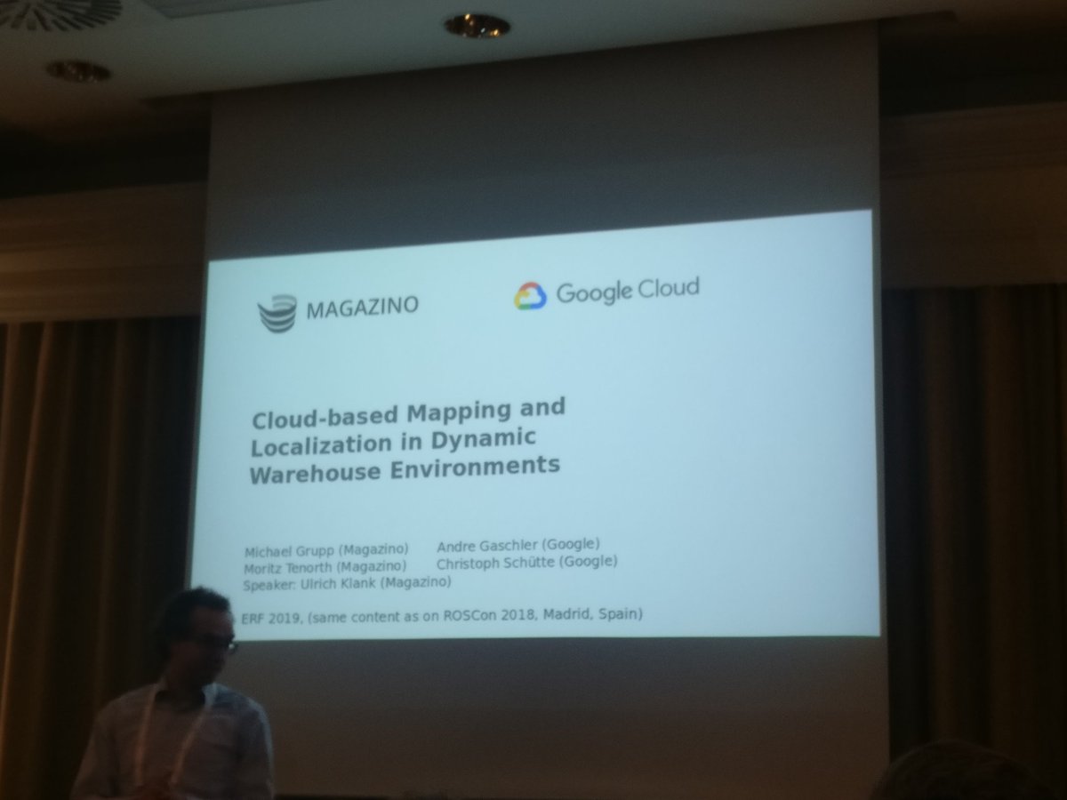 It was such a pleasure hearing <a href="/MagazinoGmbH/">Magazino - a Jungheinrich company</a> talk about how they use cloud for mapping and more specifically map merging. Will be interested in discussing these topics in more detail, as we are also using map merging and multi-robot cooperation algorithms. #ERF2019