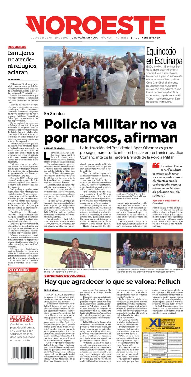 noroestemx's tweet photo. Hoy, en la #Portada impresa 📰 de @noroestemx en #Culiacán 🗞
➡ En #Sinaloa, la Policía Militar ya no perseguirá narcotraficantes, afirma Comandante
➡ Viven el último día del #CongresoDeValores
➡ Aclaran que @ISMujeres1 no atenderá refugios para víctimas de la violencia https://t.co/2hHUTKSo94