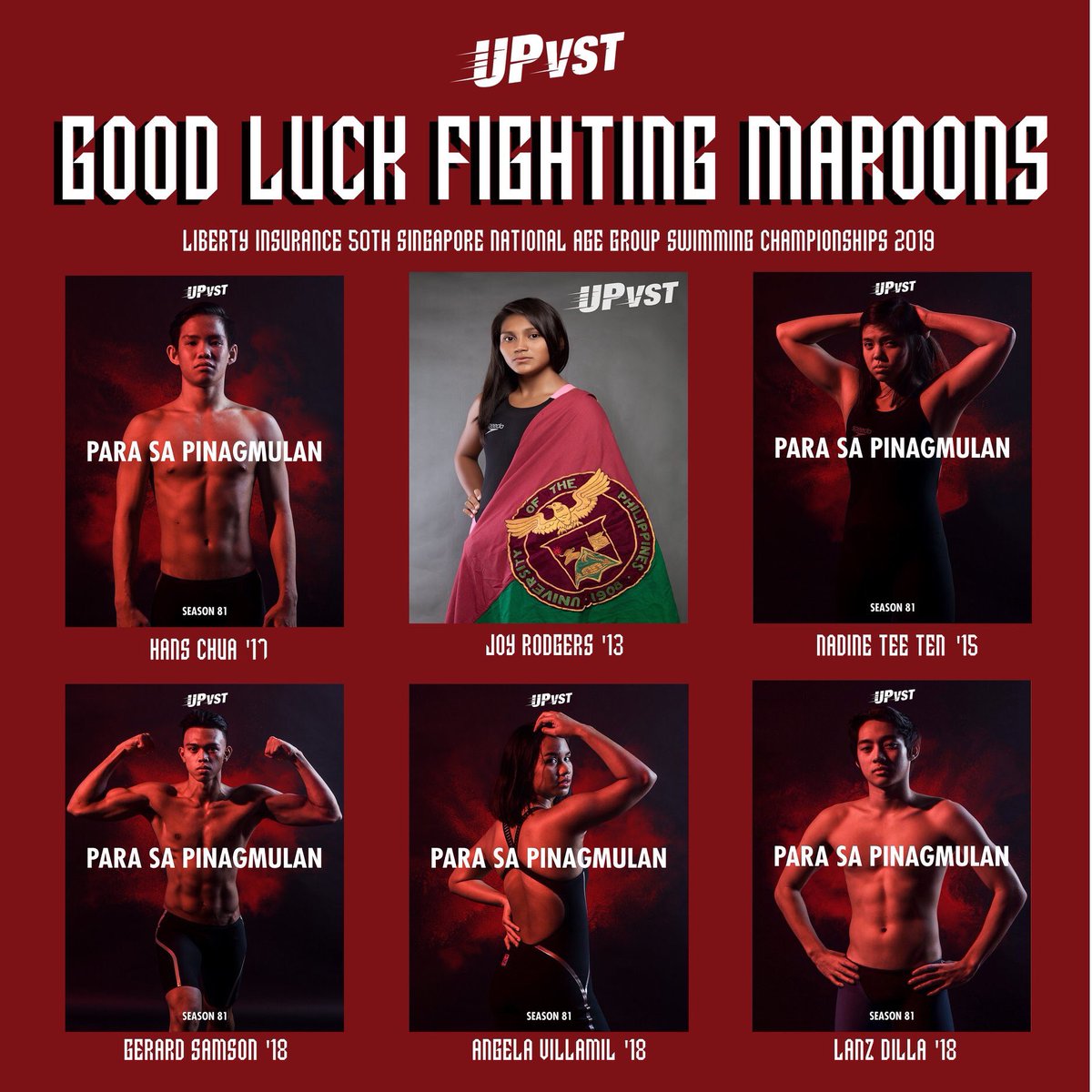 The UP Varsity Swimming Team would like to wish the best of luck to the following swimmers in their races in the Liberty Insurance 50th Singapore National Age Group Swimming Championships 2019 held in the OCBC Aquatic Centre, Singapore! #UPFIGHT! ✊🏼❤️💚