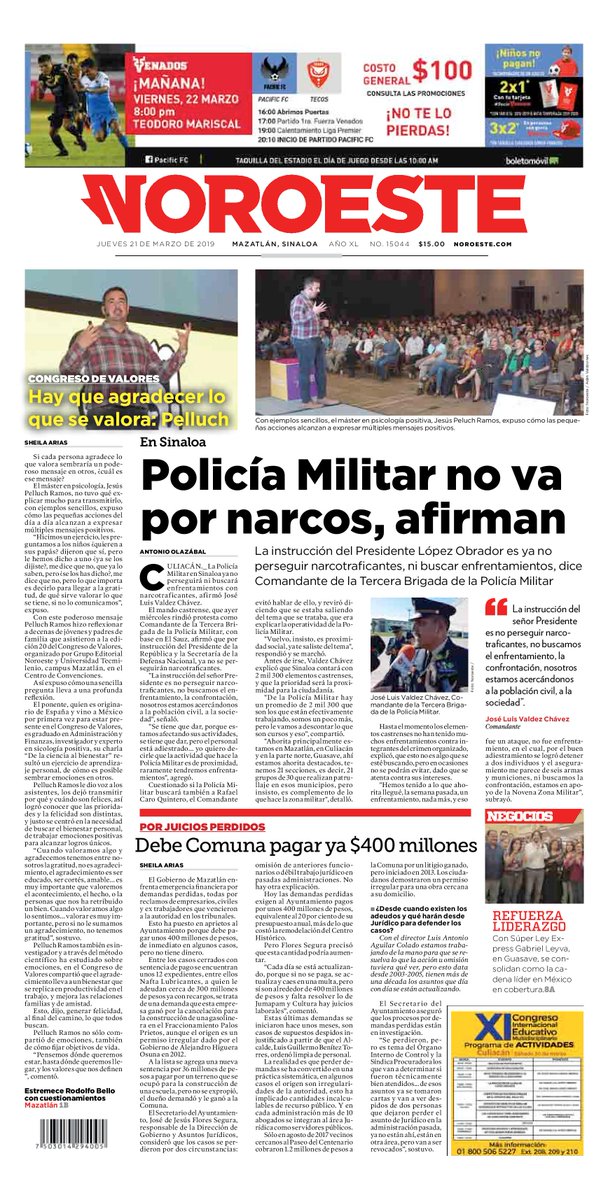noroestemx's tweet photo. Hoy, en la #Portada impresa 📰 de @noroestemx en #Mazatlán 🗞
➡ En #Sinaloa, la Policía Militar ya no perseguirá narcotraficantes, afirma Comandante
➡ Viven el último día del #CongresoDeValores
➡ Ayuntamiento debe pagar $400 millones por juicios perdidos https://t.co/wgych2cpEf