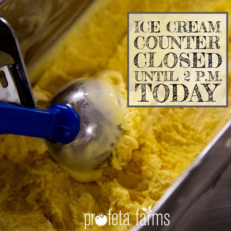 ProfetaFarms's tweet photo. Our ice cream counter will be closed until 2 p.m. today for maintenance.  The rest of the market will be open regular hours from 10 a.m. to 6 p.m. today.  Can't wait to see you! https://t.co/CAJcfBmVM2