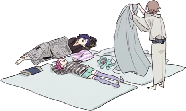 寝てる間に布団の谷間に移動したらむだくんといちばんに起きたけどらむだくんのせいで自分の布団を片付けられない太郎と朝お風呂入るって言ってそのまま寝たから布団を貸してもらえなかった子 