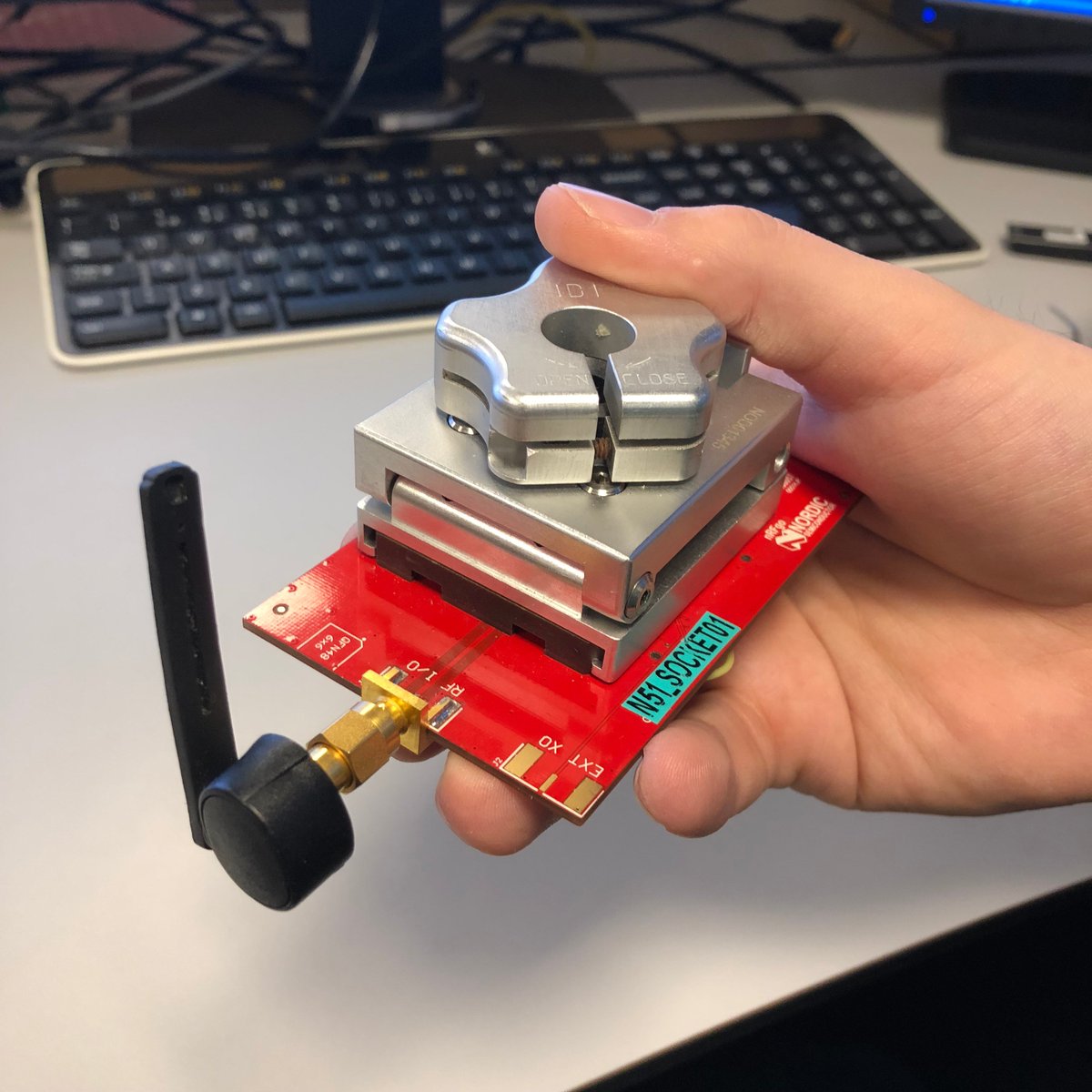 NordicTweets's tweet photo. this #socketboard used by our #engineers allows them to program and test the #SoC without having to solder it to a #PCB first https://t.co/Qh26JCLrex