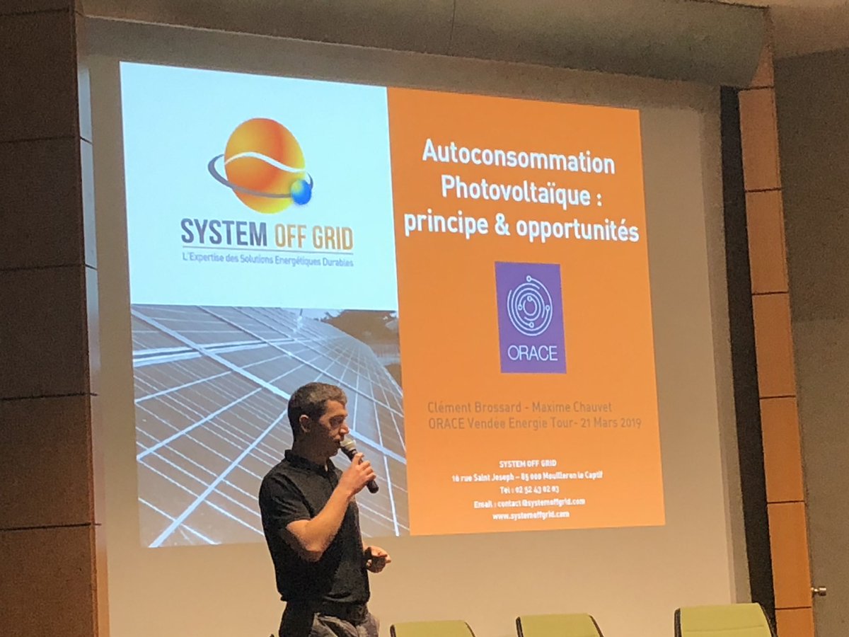 _Atlansun_'s tweet photo. Autoconsommer son énergie solaire dans votre entreprise, c’est possible! Pitch de Clément Brossard de @SystemOffGrid au #OET2019 #ORACE https://t.co/uVhDodu6w4