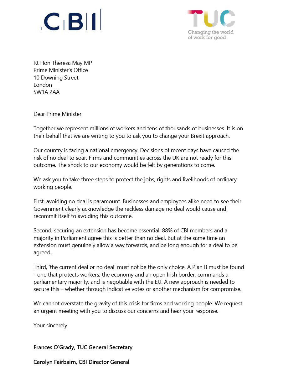 The prime minister has walked us into a national emergency. <a href="/The_TUC/">Trades Union Congress</a> and <a href="/CBItweets/">CBI</a> agree - she needs to urgently change her Brexit approach and find a Plan B that protects jobs, rights and livelihoods.