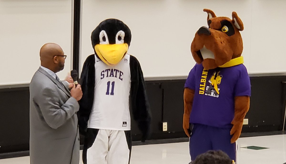 UAlbanyDAISS's tweet photo. Thanks to @UAlbany mascots #Damien and #Pedwin for joining us to welcome high school students to our #RecipeForSuccess Transition Conference on Tuesday! https://t.co/hJZXFAcDKE