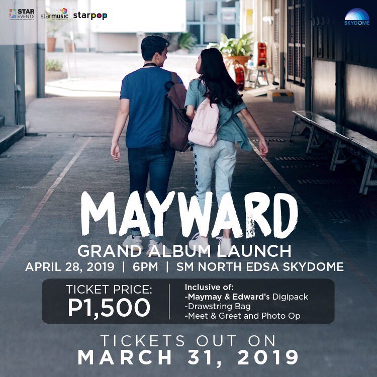 MayWardOfficial's tweet photo. What: MayWard Grand Album Launch
When: April 28  | 6:00 PM
Where: SM North EDSA Skydome
Ticket Price: Php 1, 500

Inclusive of: 
Maymay &amp; Edward's Digi Pack
Drawstring Bag
Meet &amp; Greet and Photo Op

TICKETS OUT ON MARCH 31

#MayBagoNaSiMaymay

@maymayentrata07 @Barber_Edward_ https://t.co/epLxJWL9yW