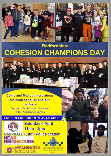 leamanorschool's tweet photo. COHESION CHAMPIONS DAY - on Saturday 6th April 2019 between 11-3pm at Luton Police Station an opportunity for the younger generation of Bedfordshire's communities to come and find out more about the work of the police and their partners @bedscohesion https://t.co/HOjaIbkMb7
