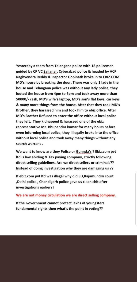 NNabhoya's tweet photo. We sincerely want investigation against conduct of Telangana Police by H’rble 
@KTRTRS
@rajnathsingh
@smritiirani
@ani
@pti
@TelanganaDGP
@SushmaSwaraj
@sudhirchaudhary
if not heard, 1CR voters directly/indirectly with EBIZ won’t vote &amp; march to jantar mantar. #justice4ebiz #nota https://t.co/kZrVvgBlox