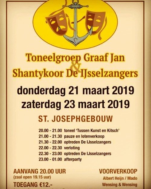 ToneelGraafJan's tweet photo. Vanavond spelen we samen met de ijsselzangers! Kom kijken! Kaarten €12 en aan de deur te koop! Aanvang 19.30 we starten om 20.00u met het hilarische stuk tussen kunst en kitsch #montfoort #cultureel #stjoseph #toneel #zang #toneelgraafjan #ijsselzangers https://t.co/neLqlJhRiB