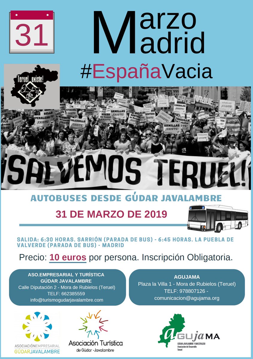 La revuelta de la #EspañaVacia llega a #GudarJavalambre.
Autobuses con Salida desde #Sarrión - #LaPuebladeValverde - #Madrid por tan solo 10€ por persona. #JuntosGanamosTodos!
