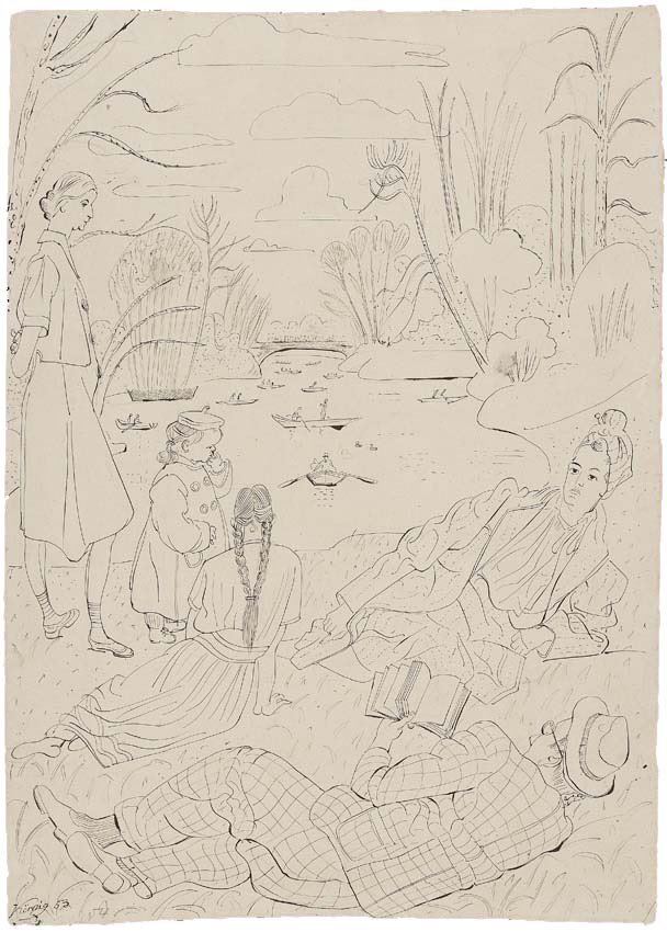 🌸🌿 Passend zum #Frühlingswetter eine Tuschfederzeichnung von #HansKörnig, welche ihn selbst mit seiner Frau und den Töchtern zur Frühlingszeit am Carolasee in Dresden zeigt.

„Familie im Großen Garten“, 1953, Tusche auf Papier, 590 x 420mm