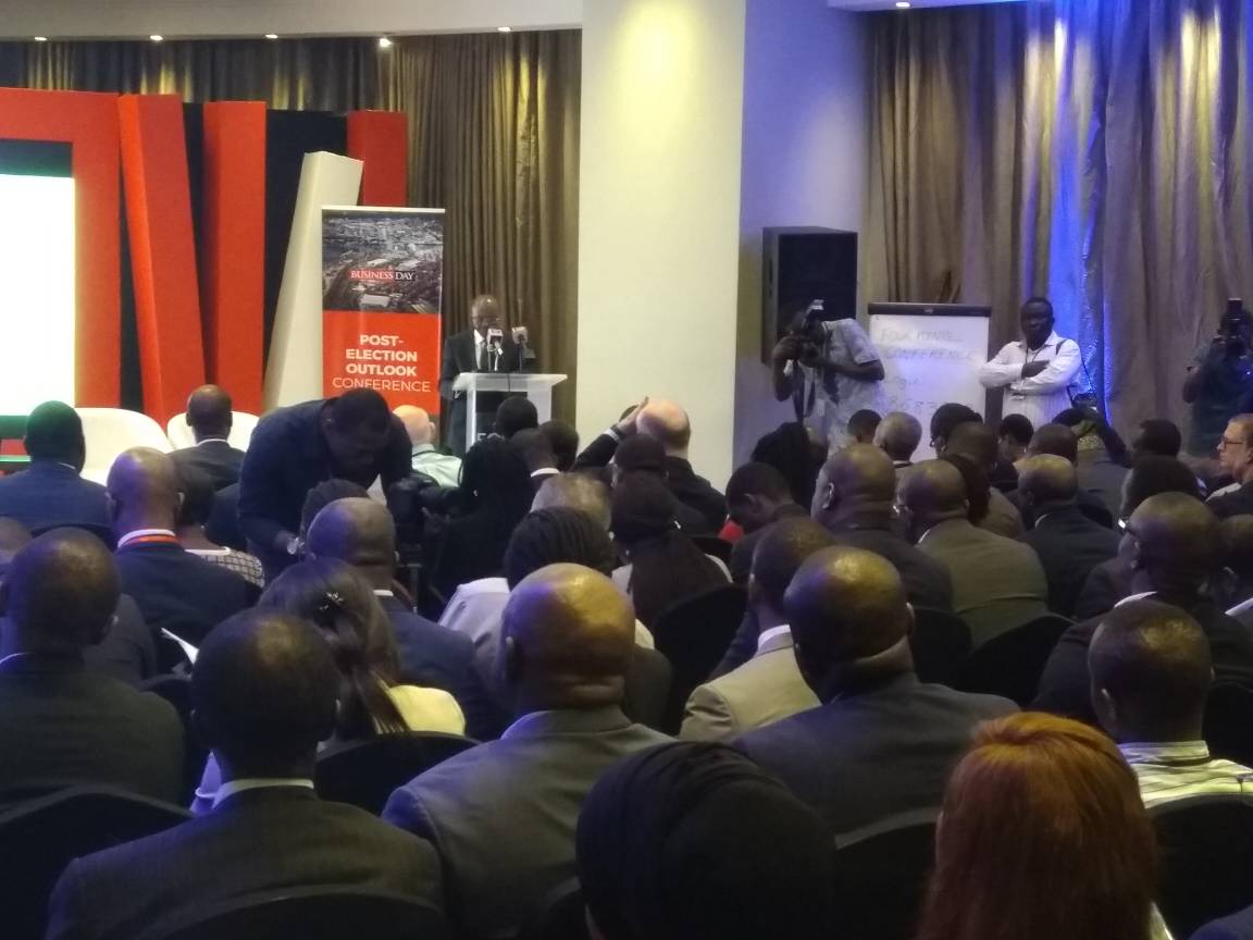PwC_Nigeria's tweet photo. #HappeningNow: CBN Governor Godwin Emefiele speaking at the @BusinessDayNg #PostElectionOutlook Conferences. PwC's @ayolande will be moderating a panel session on "Companies and Markets Outlook" at the conference. https://t.co/8jAIVT60AC