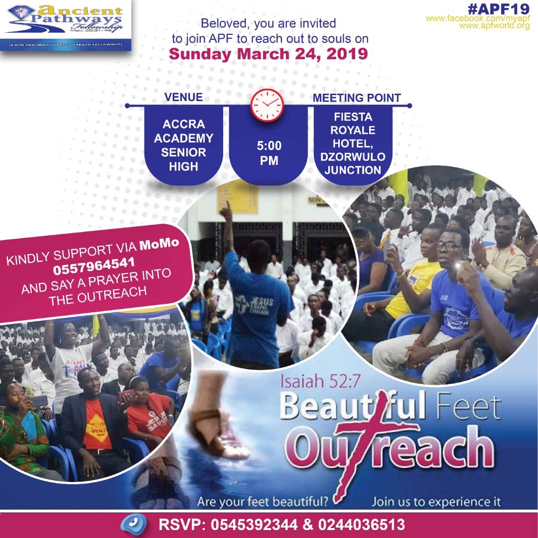 my_apf's tweet photo. Join us reach out to the next generation with the message of the cross on Sunday March 24, 2019, 5pm

Venue: Accra Academy
#Beautiful Feet Outreach
#Winning the soul of the next generation
Ancient Pathways Fellowship
#APF
Come aboard.... https://t.co/IMguDSuo5d